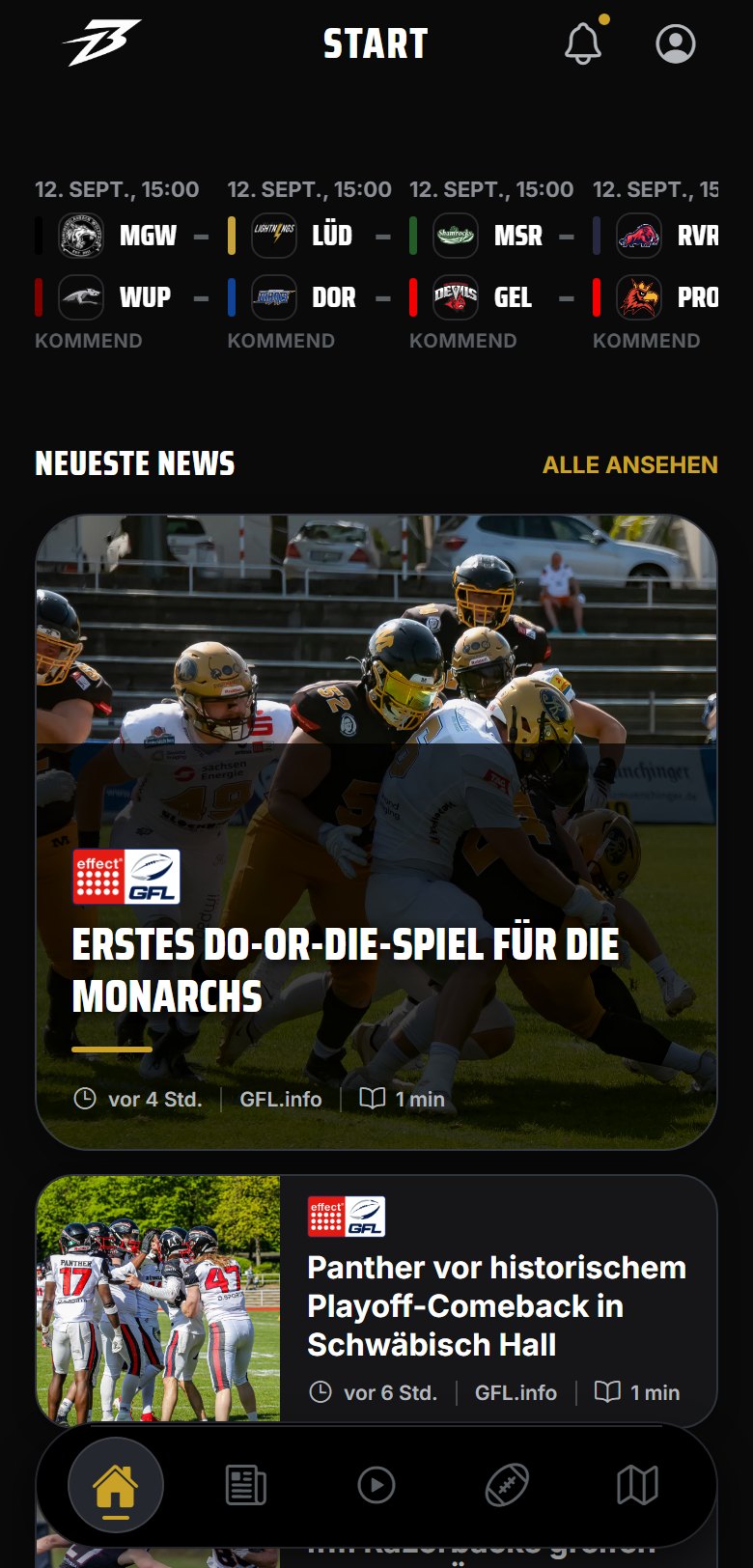 BACKFIELD FOOTBALL™ App — Start mit Live-Spielplan und News