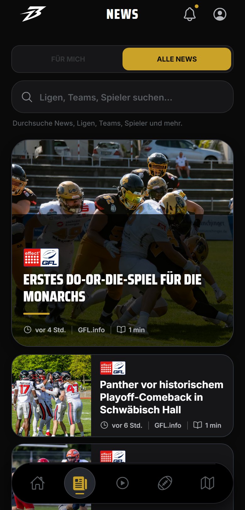 BACKFIELD FOOTBALL™ App — News-Feed